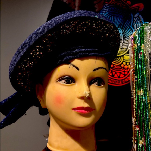 Aso-Oke African Headtie Auto Gele, Navy Blue Stoned Ready Made Gele Fabric Women - Picture 1 of 7